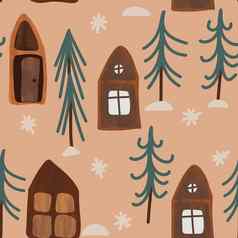 无缝的手画圣诞节放荡不羁的模式卡通房子冷杉云杉树森林斯堪的那维亚冬天背景打印包装纸一年装饰聚会，派对庆祝活动