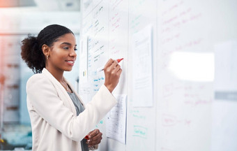 <strong>项目经理</strong>写作白板计划的想法可视化业务策略集中自信深思熟虑的女商人显示雄心壮志奉献工作办公室
