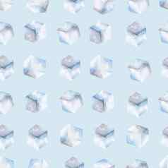 冰多维数据集无缝的模式蓝色的背景手画水彩插图