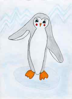 孩子们的画小企鹅黑色的回来橙色爪子