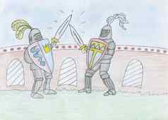 骑士护甲竞争剑孩子们的画