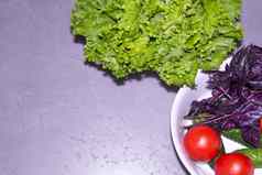 菠菜绿色黄瓜西红柿罗勒收集别墅谎言白色碗灰色的厨房烹饪美味的香菜