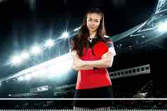 表格网球球员年轻的漂亮的运动女孩背景灯