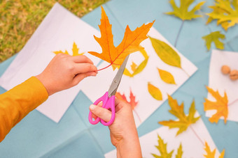Diy艺术孩子有创意的玩学习学校户外学习公园孩子们车间孩子们剪刀切割叶子艺术工艺孩子们手工制作的秋天孩子艺术教育自然有创意的秋天叶子