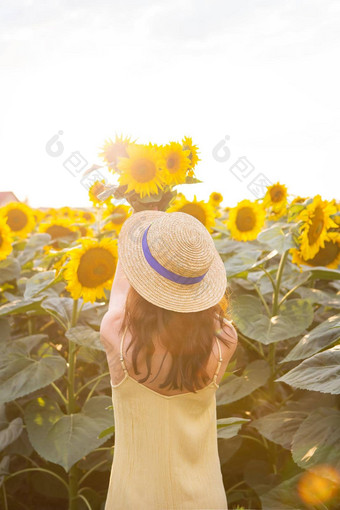 女孩黄色的衣服<strong>稻草</strong>他站回来持有花束向日葵大场向日葵美丽的阳光明媚的一天