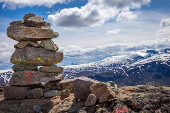 Inukshuk堆放石头约顿海门山挪威