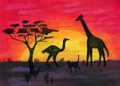 水彩启发红色的天空日落非洲稀树大草原
