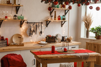 厨房装饰圣诞节风格红色的口音舒适的大气冬天假期