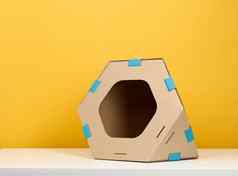 棕色（的）纸板模块化房子洞猫动物黄色的背景