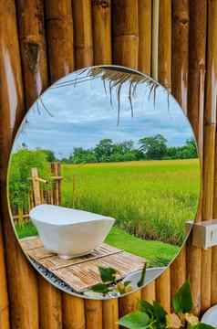 白色浴浴缸假期家庭寄宿泰国绿色大米帕迪场