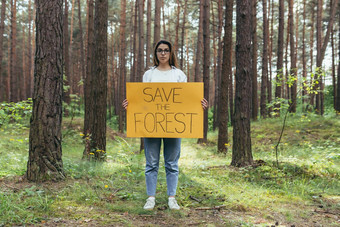 年轻的女人志愿者森林雪桩持有海报保存森林