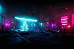 赛博朋克霓虹灯照亮城市街圣诞节晚上神经网络生成的艺术
