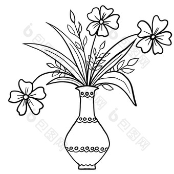 手画花花叶子花瓶插图黑色的白色优雅的婚礼点缀行艺术极简主义纹风格设计夏天春天自然分支树叶开花