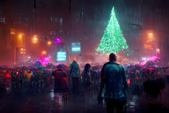 <strong>赛博朋克霓虹</strong>灯照亮城市街圣诞节晚上人群人绿松石发光的圣诞节树神经网络生成的艺术