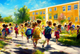 孩子们运行回来学校夏天一天接近黄色的学校博尔丁摘要油画<strong>神经</strong>网络生成的艺术