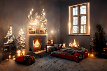 舒适的国内圣诞节室内窗口床上蜡烛壁炉神经网络生成的艺术