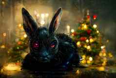 黑色的水兔子赛博朋克风格温暖的照亮圣诞节树模糊的背景神经网络生成的油画艺术