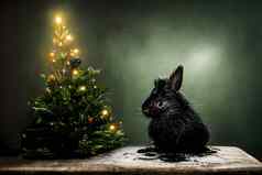 黑色的水兔子小温暖的照亮圣诞节树绿色墙背景神经网络生成的油画艺术