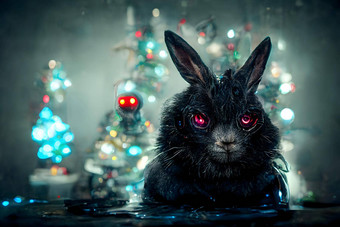 黑色的水兔子赛博朋克风格背景蓝色的圣诞节树模糊的背景<strong>神经网络</strong>生成的油画艺术