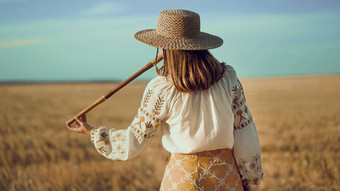 女人玩木管乐器木长笛乌克兰特伦卡泰林卡在户外小麦场人音乐概念音乐的仪器音乐家传统的绣花衬衫维希万卡