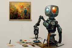 可爱的友好的机器人艺术家工作室画架绘画油漆工作神经网络生成的艺术