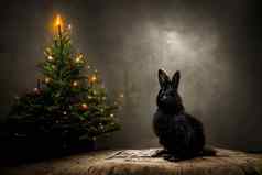 黑色的水兔子小温暖的照亮圣诞节树灰色的墙背景神经网络生成的油画艺术