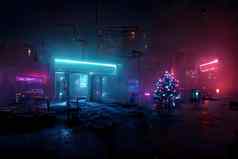 赛博朋克霓虹灯照亮城市街圣诞节晚上神经网络生成的艺术