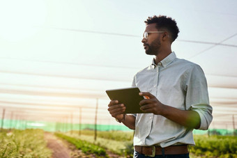 思考农民数字平板电脑检查可持续发展的农业增长进步准备农场出口订单科技男人。园丁温室环境科学家农村房地产