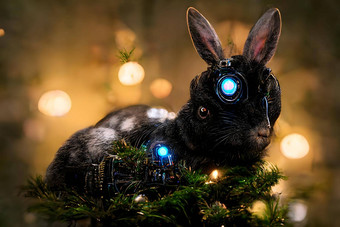 黑色的水兔子<strong>赛博朋克风</strong>格温暖的照亮圣诞节树模糊的背景神经网络生成的油画艺术