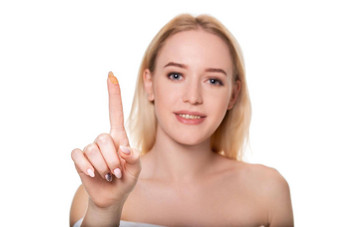 焦点联系镜头手指年轻的女人年轻的女人持有联系镜头手指前面脸女人持有联系镜头白色背景