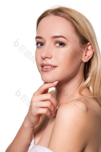 美丽的脸年轻的金发碧眼的女人清洁新鲜的皮肤自然使白色背景
