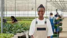 肖像非洲美国女人摆姿势快乐有机作物蔬菜农场多样化的工人推板条箱
