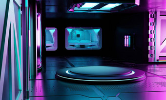 内部宇宙飞船实验室室内体系结构空讲台上赛博朋克产品演讲技术科幻概念插图呈现