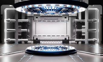 科幻<strong>产品</strong>讲台上展示宇宙飞船白色蓝色的背景空间技术对象概念插图呈现
