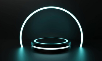 现代轮产品展示科幻讲台上蓝色的绿色发光的光霓虹灯框架背景技术对象广告模板概念插图呈现