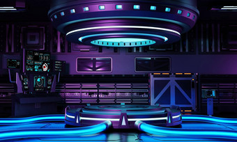 赛博朋克<strong>科幻</strong>产品讲台上展示宇宙<strong>飞船</strong>蓝色的紫色的粉红色的背景技术对象概念插图呈现