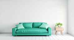 绿色沙发植物表格空白色墙生活房间背景体系结构室内插图呈现
