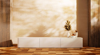 白色木内阁现代空房间装饰花瓶空墙木背景日本风格主题体系结构室内概念插图呈现