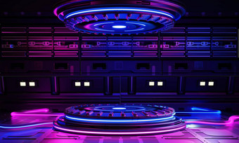 赛博朋克科幻产品讲台上展示宇宙飞船基地蓝色的粉红色的背景技术对象概念插图呈现