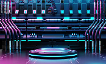 赛博朋克科幻产品讲台上展示宇宙飞船基地蓝色的粉红色的背景技术对象概念插图呈现