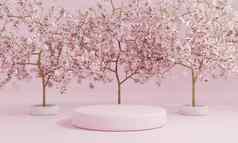 最小的风格油缸粉红色的产品讲台上展示樱桃开花树樱花日本语言公共花园技术对象概念插图呈现