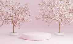 最小的风格油缸粉红色的产品讲台上展示樱桃开花树樱花日本语言公共花园技术对象概念插图呈现