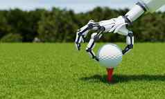 机器人手臂把高尔夫球球三通球童球员球道绿色背景体育运动运动技术概念插图呈现