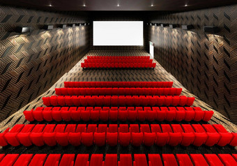 空白白色发光的电影电影<strong>剧院</strong>屏幕现实的红色的行座位椅子空复制空间背景电影首映娱乐概念插图呈现