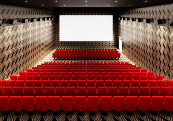 空白白色发光的<strong>电影电影</strong>剧院屏幕现实的红色的行座位椅子空复制空间<strong>背景电影</strong>首映娱乐概念插图呈现