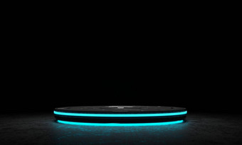 高科技产品讲台上平台工作室黑暗宇宙飞船发光的照明霓虹灯蓝色的光背景高新技术复古的阶段未来科学技术主题插图呈现
