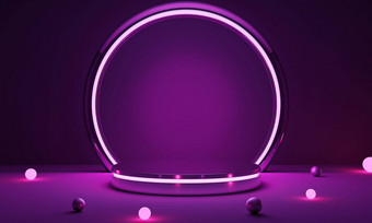 赛博朋克粉红色的空讲台上发光的灯黑暗产品演讲技术科幻概念插图呈现
