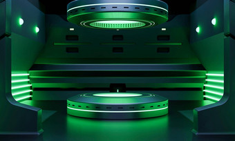 赛博朋克科幻产品讲台上展示宇宙飞船绿色霓虹灯照明背景技术对象概念插图呈现
