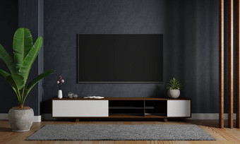 现代模型电视挂黑暗蓝色的墙背景木内阁生活房间室内体系结构娱乐概念插图呈现
