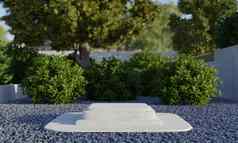 矩形石头讲台上平台自然绿色树后院花园影子背景自然对象广告概念插图呈现